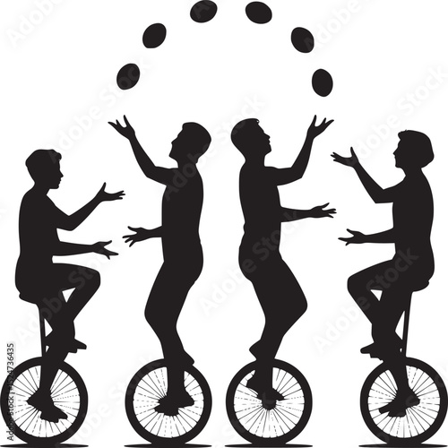 Silhouette of four people juggling balls while riding unicycles against a white background art style