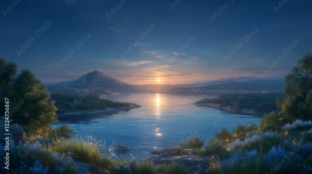 Obraz premium Serene Sunset Lake Calm Waters Mountain View Scenic Landscape