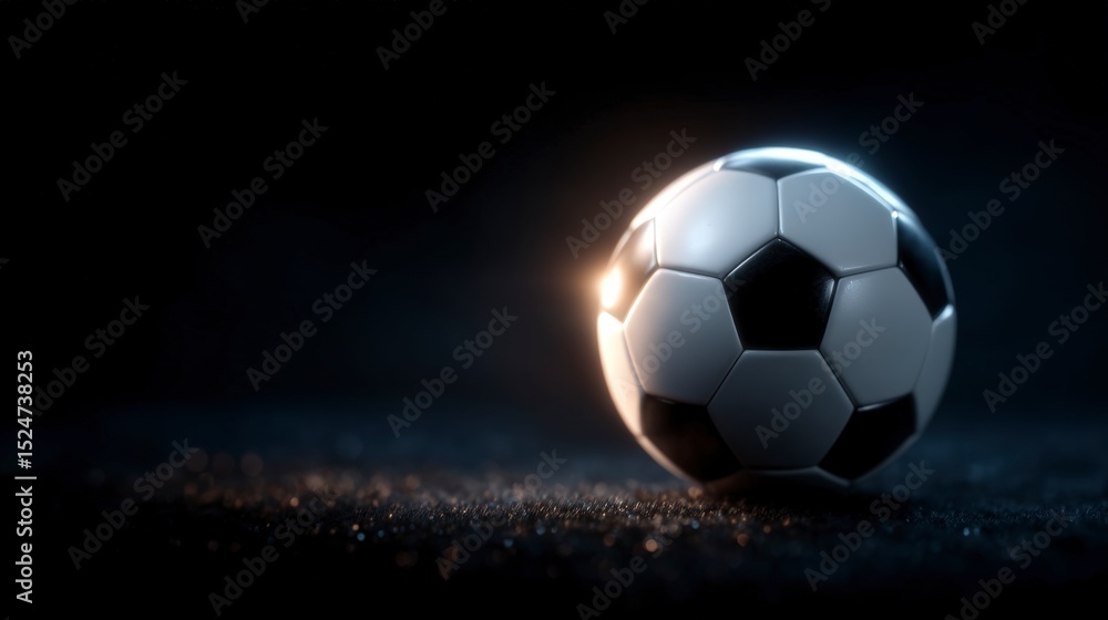 Naklejka premium Dramatic Cinematic Soccer Ball High Resolution 3D Render Dark Background Sports Theme