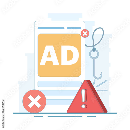 Ad fraud concept. Ad click fraud. Ad fraud generates fake ad impressions, makes money, cyber fraud and crime, fraud alerts, hacker attacks and web security. flat design illustration.