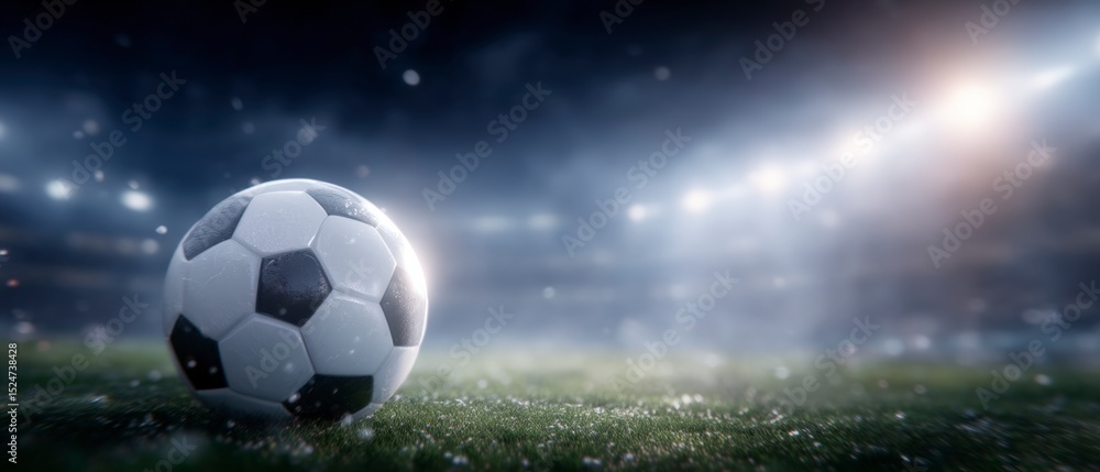 Fototapeta premium Dramatic Soccer Ball on Field Night Game Stadium Lights 3D Render