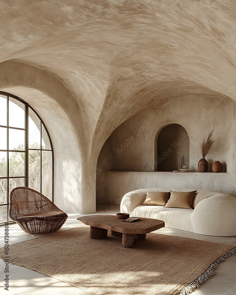 Fototapeta premium Mediterranean airy loft with minimal clay furniture, curved interior walls, and filtered sunlight Sunlit Mediterranean Texture Living Southern Coastal Calm Interiors