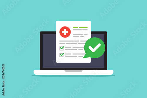 vector illustration of Digital Health Report on Laptop With Completed Checklist.