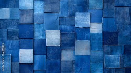 Variety of blue denim squares arranged in a grid pattern creates a textured and visually appealing surface.