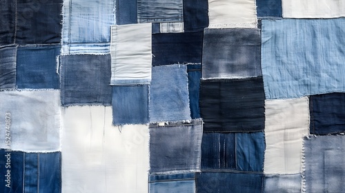 Various denim patches of different shades are arranged in a patchwork design creating a textile background.