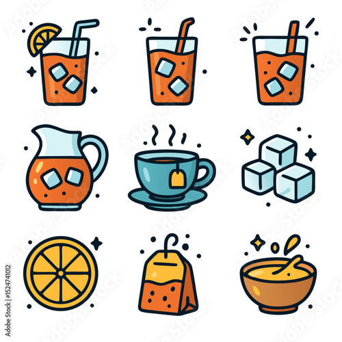 Iced tea cartoon icons suitable for beverage industry. Refreshing designs perfect for branding, menus, and social media graphics.