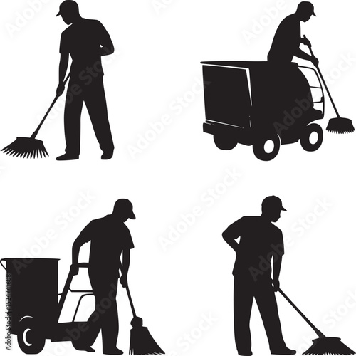 A collection of silhouettes depicting a street cleaner using various cleaning tools and equipment on white