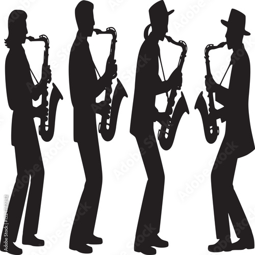 Four saxophone players in silhouette wearing hats and suits on a white background in a row format