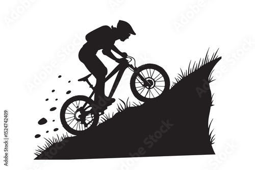 "Mountain Biker Silhouette Vector – Extreme Cycling on Rugged Hill Terrain in Motion"