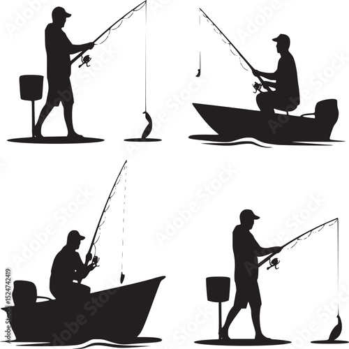 Four silhouettes of fishermen with fishing rods and boats in various poses on a white background