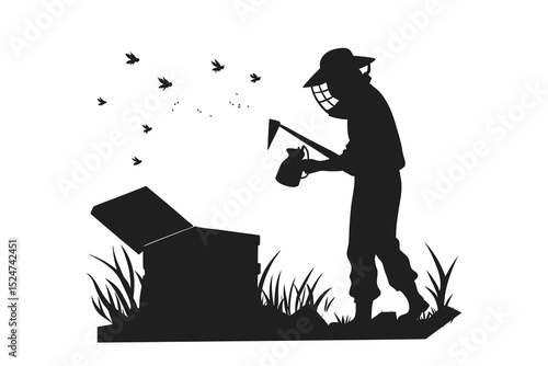 "Beekeeper Silhouette Vector – Standing by Open Beehive with Smoker and Tool on Grass"