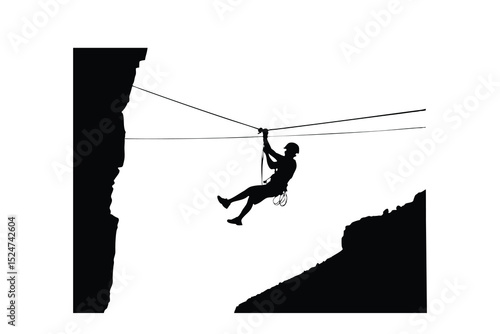 "Zip-Lining Adventurer Silhouette Vector – Extreme Sport Over Canyon Scene"
