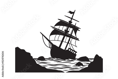 "Old Shipwreck Silhouette Vector – Broken Sunken Boat Partially Submerged in Water"