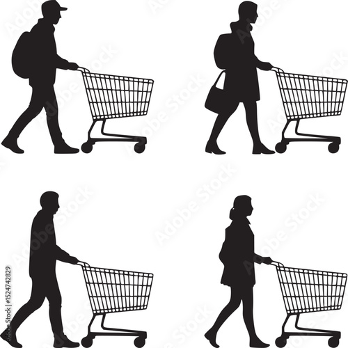 Four silhouettes of people pushing shopping carts on a white background in a vector illustration