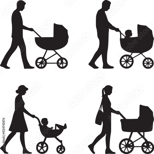 Silhouettes of parents pushing strollers with babies in a pattern on a white background design art
