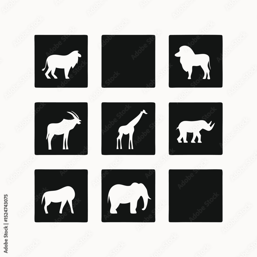 Obraz premium African Wildlife Icons Lion, Giraffe, Elephant, and More
