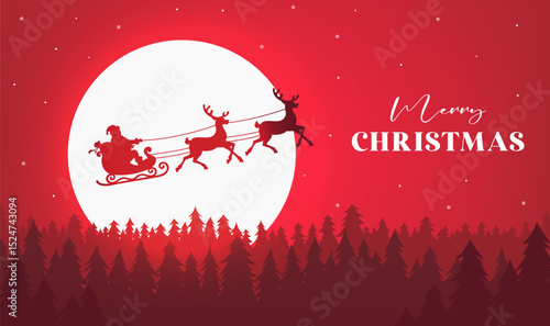 Red Christmas Banner with Santa Sleigh and Reindeer Flying Over Forest at Full Moon