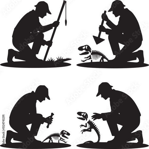 Silhouettes of a person fishing, excavating and examining dinosaur fossils on a white background