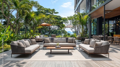 Luxurious outdoor living area with comfortable seating, a coffee table, and lush greenery