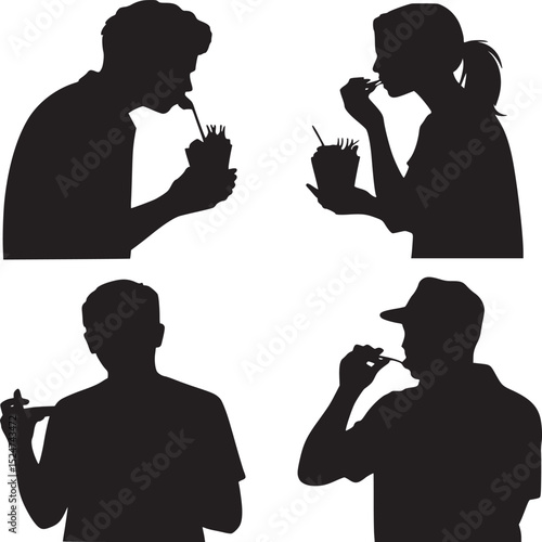 Silhouettes of people eating fries and using utensils against a white background in a collage format