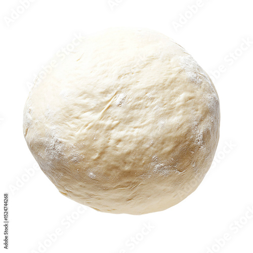 Overhead view of a round ball of pizza dough with a transparent background, ready for baking, showing texture and flour dusting.