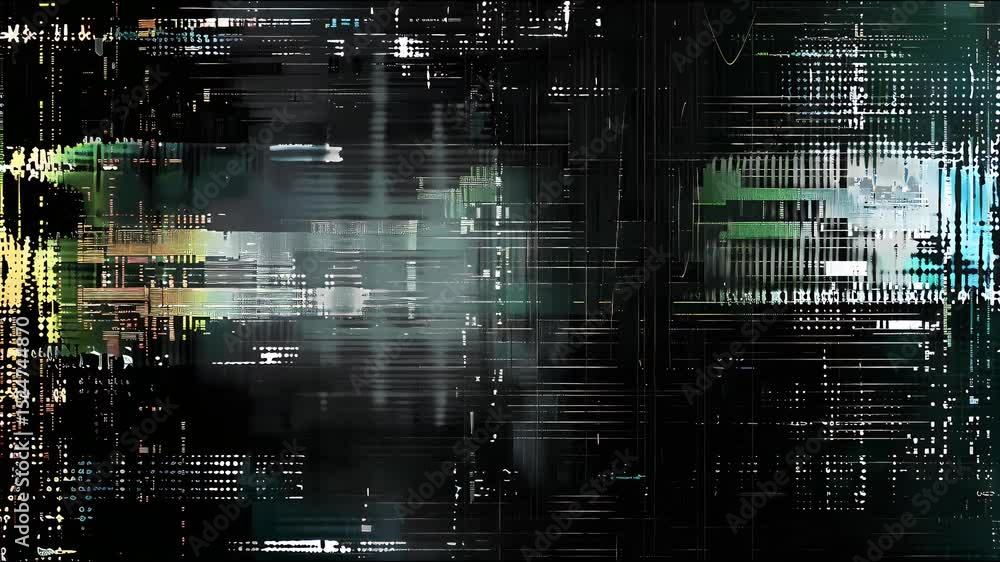 Abstract digital art of vibrant black and white lines and glitches over a black background