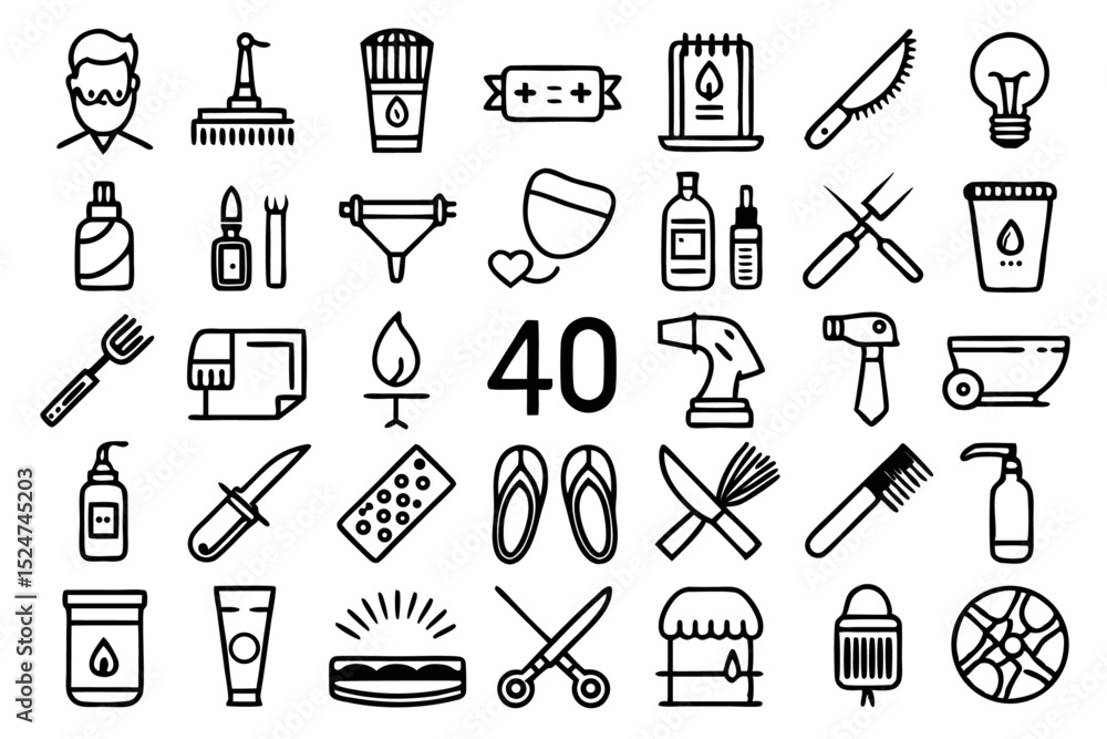 Obraz premium Collection of line icons depicting shaving beard grooming barbering and hair styling tools isolated on transparent background