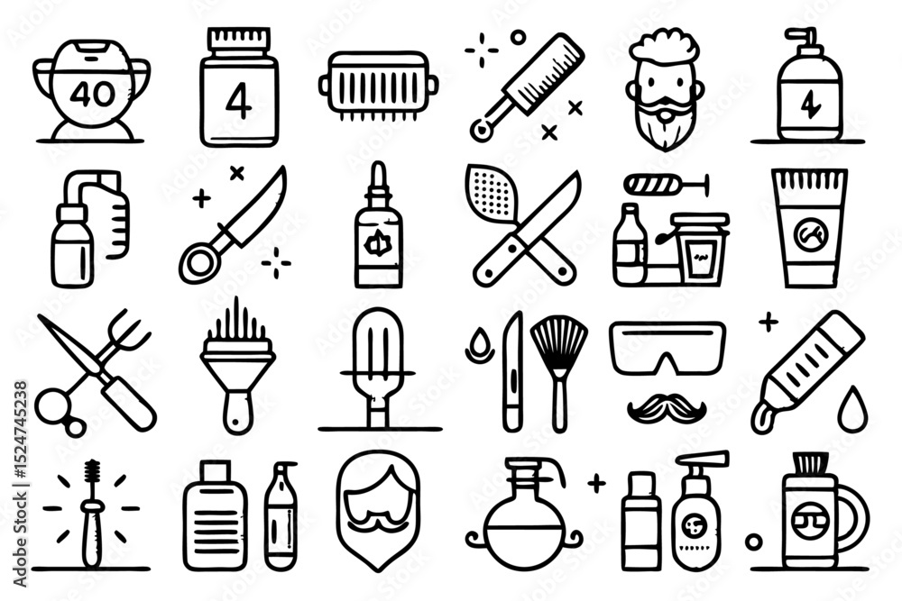 Obraz premium A collection of line icons depicting shaving beards barbering and hair styling isolated on transparent background