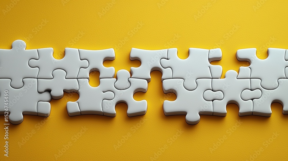 Obraz premium Connecting puzzle pieces on yellow background. Idea, solution, business, strategy concept. Vector illustration isolated 