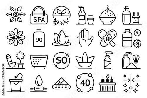 Spa wellness beauty massage line icons set isolated on transparent background
