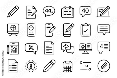 Collection of line icons for text writing review and article creation isolated on transparent background