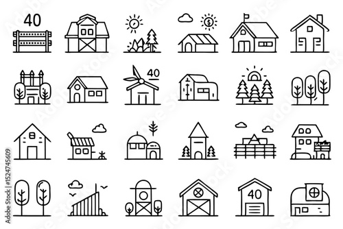 Rural farm home village line icons set isolated on transparent background