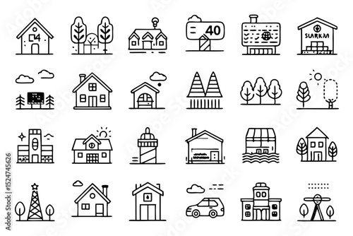 Rural farm home village line icons set isolated on transparent background
