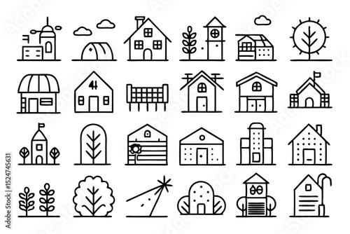 Rural farm home village line icons set isolated on transparent background