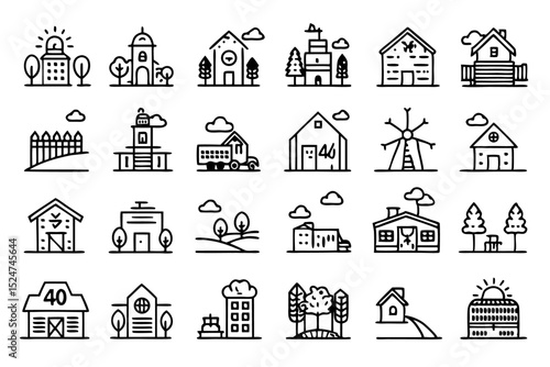 Rural farm home village line icons set isolated on transparent background