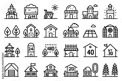 Rural farm home village line icons set isolated on transparent background