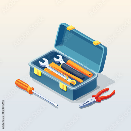 Flat isometric vector illustration of an open toolbox filled with various essential tools, emphasizing factory repair, technical maintenance, and craftsmanship in an industrial environment