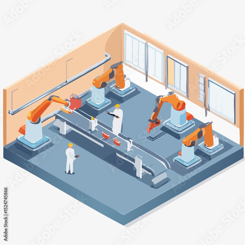 Flat isometric vector illustration of a robotic assembly line being monitored by factory staff, modern industrial automation and smart factory concept