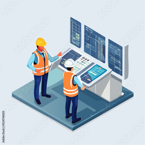 Isometric flat vector of two factory engineers in safety vests, interacting in industrial environment, technical teamwork, workplace safety, engineering discussion