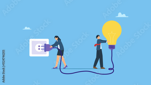 Businessman plug in light bulb with work colleague together. Business people successfully connecting a light bulb to an electrical outlet. Business Connection, innovation or get new idea.