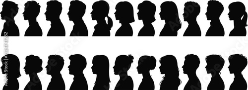 Vector silhouette profile heads of diverse men and women, black side view faces, hairstyle variety, people avatar icon collection