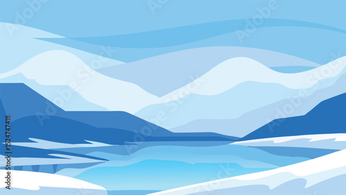 Flat Style Arctic Scenery Landscape Vector – Ice, Snow, and Mountains background. 