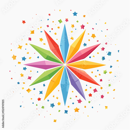 High-detail flat vector of a starburst with flying colorful confetti, representing joy, celebration, and an emotional outburst in a clean white background