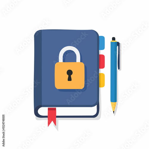 Minimal flat vector of a locked diary partially opened with a pen beside, symbolizing secrets, thoughts, or personal memories, soft color palette