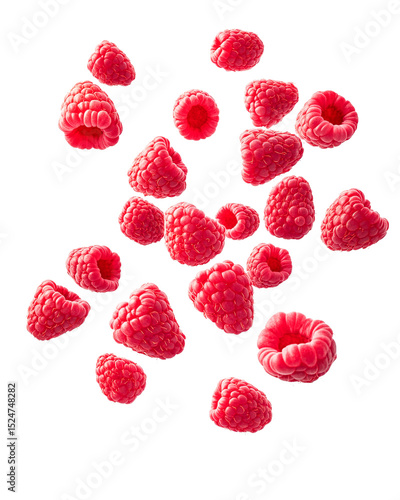 Many red raspberries falling on black background, transparent background