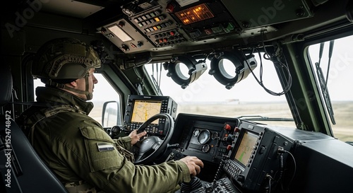 Soldier Operating Advanced Military Vehicle Control Panel