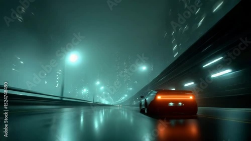 Futuristic City Night Drive Teal and Orange Neon Lights, Wet Asphalt Road