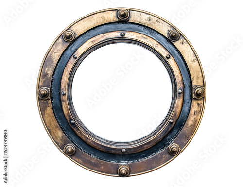 Vintage brass porthole with black frame, transparent background, nautical design element, isolated, round shape, metallic texture, steampunk style, industrial design, maritime decor,