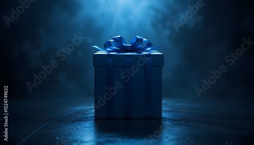 Mysterious blue gift box with ribbon under spotlight in dark setting