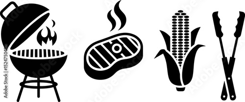 Barbecue grill steak corn tongs summer grilling bbq cookout party food picnic vector illustration 100 editable stock vector illustration